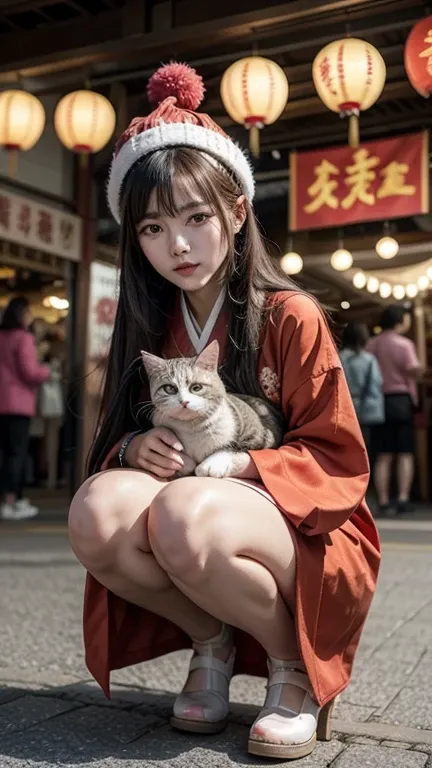 3D art toy depicting a  girl with long ash-gray hair, wearing a red knit hat and a red Hanfu outfit. She has large aquamarine eyes and brown shoes. A fluffy pink long-haired cat with big round gray eyes, dressed in a matching Hanfu, lies on top of her hat....