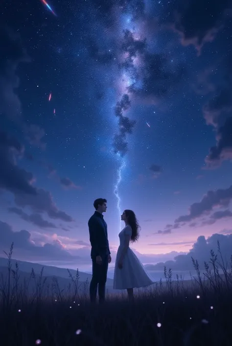 "A romantic and mysterious book cover design featuring a vast starry sky with a cosmic theme, showing falling meteor showers and a glowing trail of stardust. The background should have a dreamy, ethereal quality with deep shades of blue, purple, and dark h...