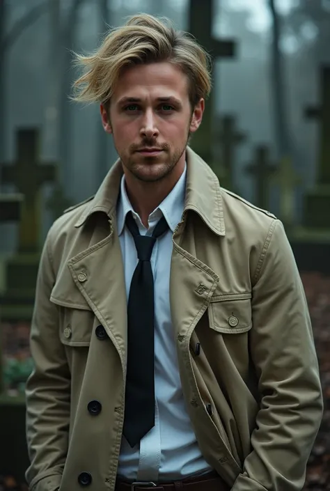 A highly realistic image of a handsome man in a dark and supernatural graveyard. He has slightly messy, golden-blonde hair styled in a casual yet windswept look, giving him a rugged charm. His sharp, chiseled jawline and piercing blue eyes convey a confide...