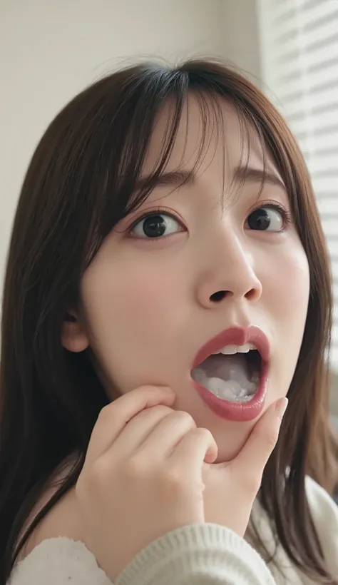 high-resolution pictures of young Japanese women , photorealistic , masterpiece, Great Quality, complicated details, professional lighting, Alone, 1 girl , focus on face , black hair, detailed face, surprised face, (Fingers touching her lips ), ...