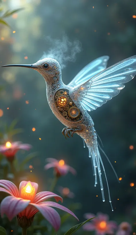 A mechanical hummingbird with clockwork wings and crystal feathers. Steam escapes from its joints as gears turn within its transparent body. Its long beak is a needle of pure light that draws nectar from star-flowers. Fantastic lighting, detailed shadows, ...