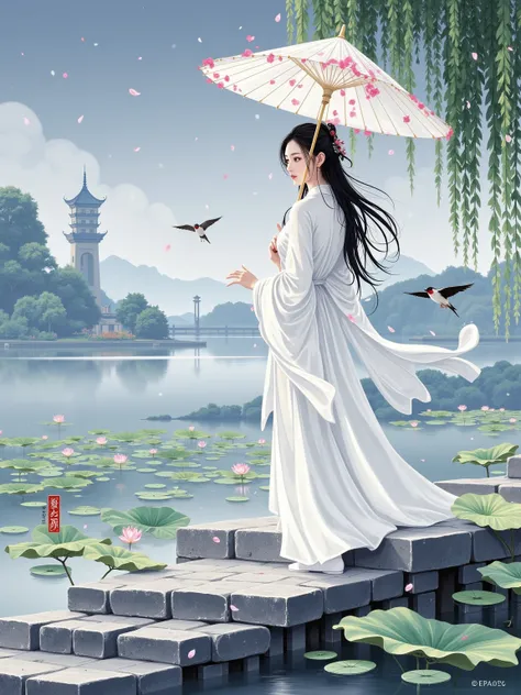  Please draw a long scroll full of oriental poetry， With the Legend of the White Snake as the context， Blending a thousand years of love in ink and color。 The picture starts from the misty West Lake， The Broken Bridge, which is carefully outlined, lies hor...