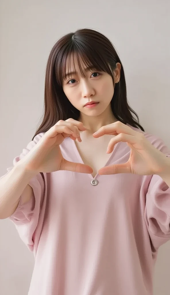  Super Fine、Picture of her face 、 and she has a smile showing her teeth, I&#39;m wearing a camisole,  I'm posing with my hands crossed in the shape of a heart in front of my chest、The background is plain 、    high definition  、細部にわたって   high definition  