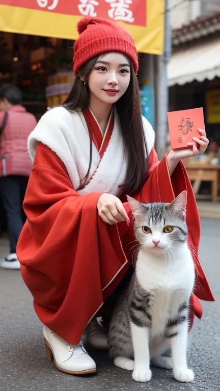 3D art toy depicting a  girl with long ash-gray hair, wearing a red knit hat and a red Hanfu outfit. She has large aquamarine eyes and brown shoes. A fluffy pink long-haired cat with big round gray eyes, dressed in a matching Hanfu, lies on top of her hat....