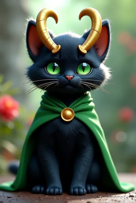 Cute furry black cat version Loki season two with Green cape and golden horns Marvel version 3D