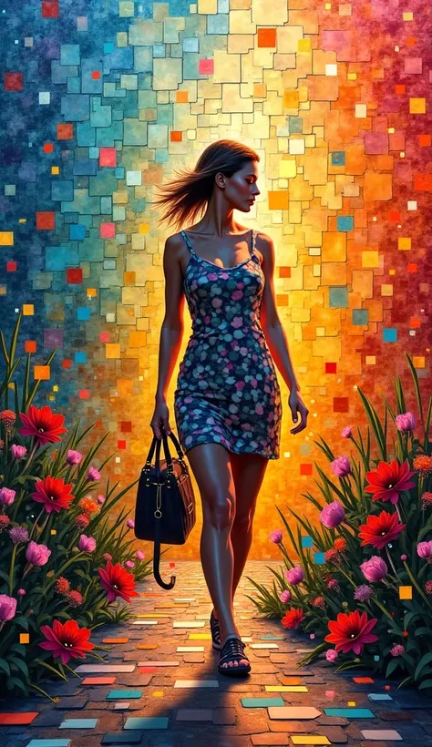 Please create a squared mosaic art illustration that relates to the theme "a journey to self discovery". And please make it more obviois that it is a mosaic. Use a walking woman.
