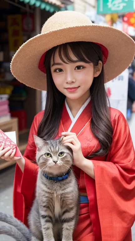 3D art toy depicting a  girl with long ash-gray hair, wearing a red knit hat and a red Hanfu outfit. She has large aquamarine eyes and brown shoes. A fluffy pink long-haired cat with big round gray eyes, dressed in a matching Hanfu, lies on top of her hat....