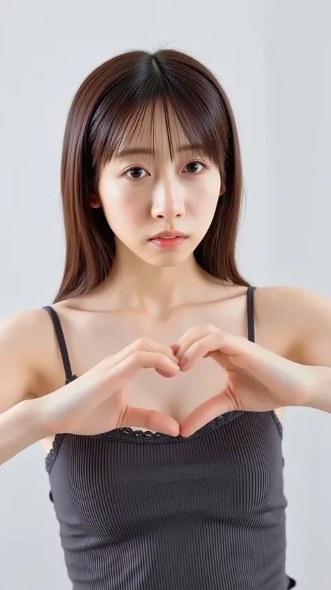  Super Fine、Picture of her face 、 and she has a smile showing her teeth, I&#39;m wearing a camisole,  I'm posing with my hands crossed in the shape of a heart in front of my chest、The background is plain 、    high definition  、細部にわたって   high definition  