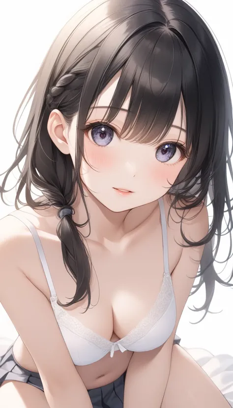  ONE CUTE -OLD GIRL ,Young Face、 slim figure、Thin legs、８Head to Body、((Beautiful thin black hair))、( inner color)、((Cute hairstyle))、((She is wearing a neat school uniform 、 showing off her pure white bra and bare skin just a little))、 lens flare,Natural c...