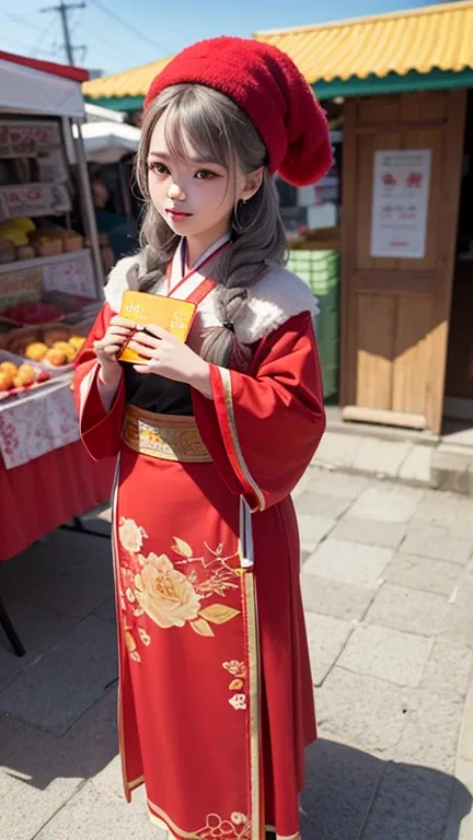 3D art toy depicting a  girl with long ash-gray hair, wearing a red knit hat and a red Hanfu outfit. She has large aquamarine eyes and brown shoes. A fluffy pink long-haired cat with big round gray eyes, dressed in a matching Hanfu, lies on top of her hat....