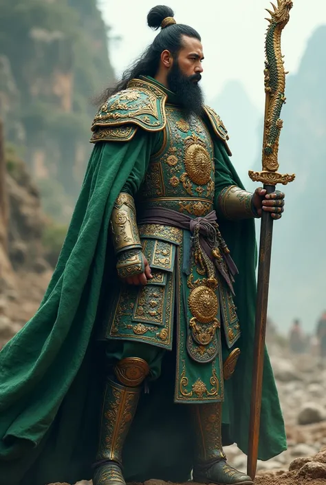 A high-profile full-body image of a powerful and bearded Chinese warrior, standing gracefully on the battlefield, wearing a long green cloak with an elaborate gold embroidered pattern, with matching armor, in a large sword mobile with a dragon motif, which...