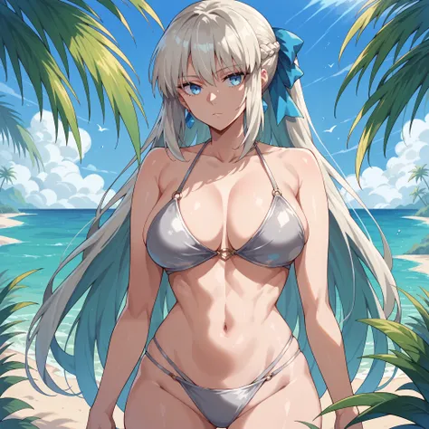  Morgan Le Fay (fate/grand order), light hair,  blue eyes. expressionless,  Big breasts, silver bikini,  background of a tropical beach.