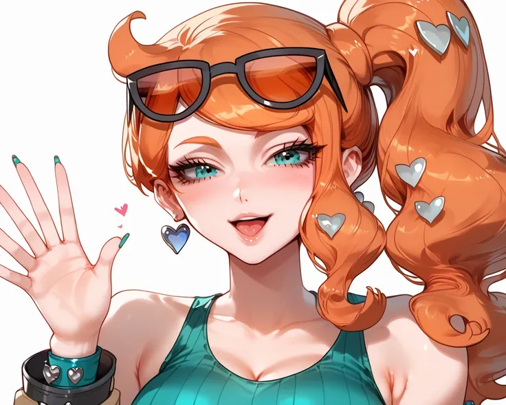 Pokemonsonia, aqua eyes, heart, heart-shaped hair ornament, long hair, orange hair, right side ponytail, swept bangs, aqua nails, black glasses on her head, tortoiseshell framed glasses, has a blue skirt, has a white blouse with a low neckline, blue bracel...