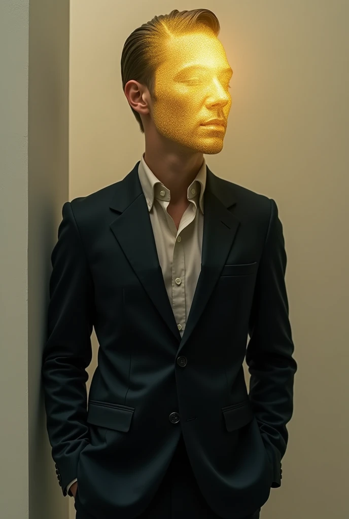 Stylish man in Bleiser ,  the man has no face ,  instead of his face has a gold-colored void