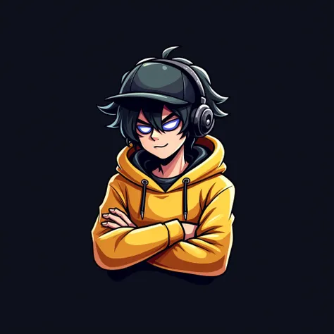 Can you create a mascot logo of a boy with black hair and a gold sweatshirt with lenses and a cap and headphones for gamers and who has the name of shadow