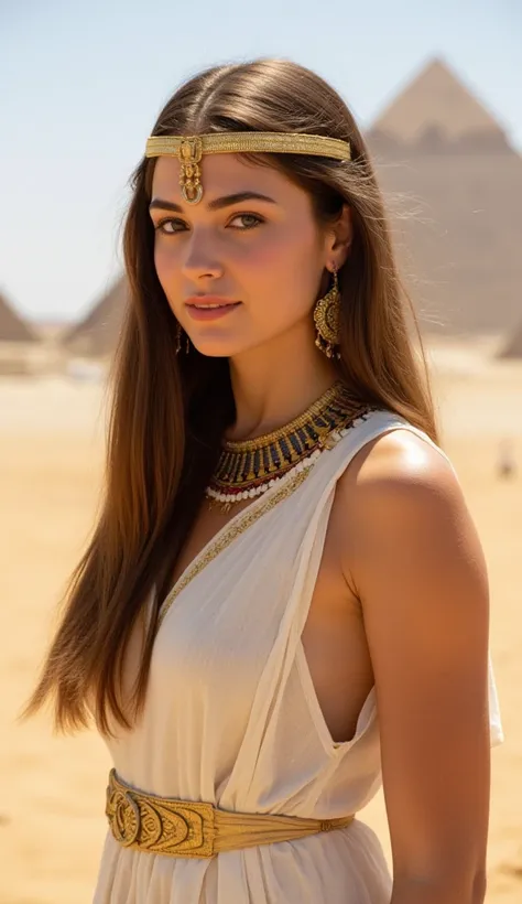 Portrait of a hot young woman with long chestnut brown hair and ocean-colored eyes, dressed in an elegant ancient Egyptian outfit. The outfit features intricate gold jewelry, a flowing linen dress, and a headdress with delicate details. The setting is a wa...