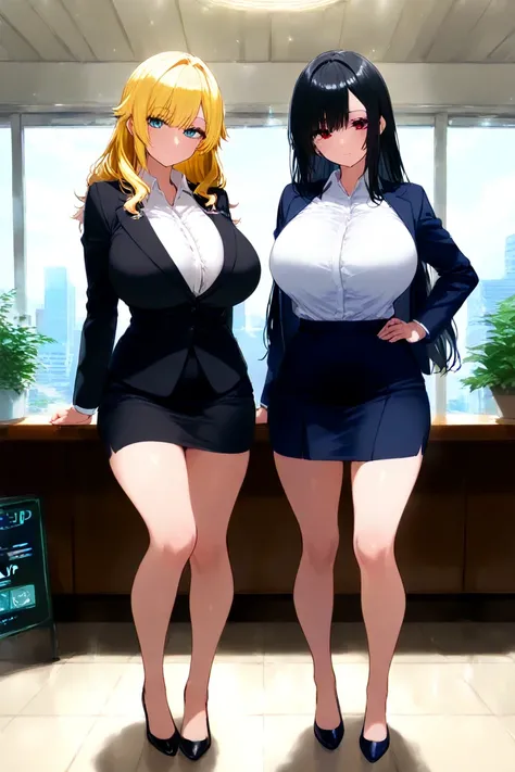  Two girls: one with black hair and the other with blond hair,full body, Business suit(wear skirt), big breasts,show panty flash, front view, daytime, in Corporation