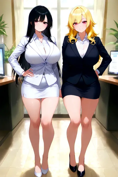  Two girls: one with black hair and the other with blond hair,full body, Business suit(wear skirt), big breasts,show panty flash, front view, daytime, in Corporation