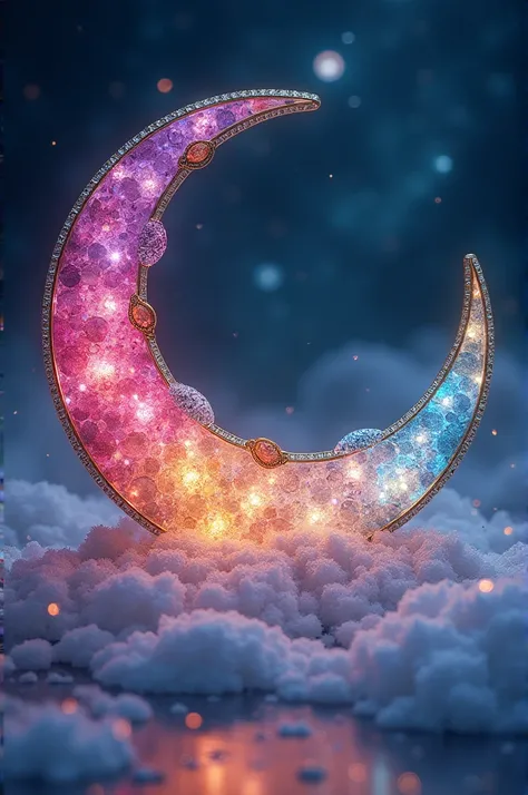 A stunning multi-colored crystal crescent moon with gold trim and encrusted diamonds shining in the night sky, featuring impossible intricate details and a gorgeous starry landscape.