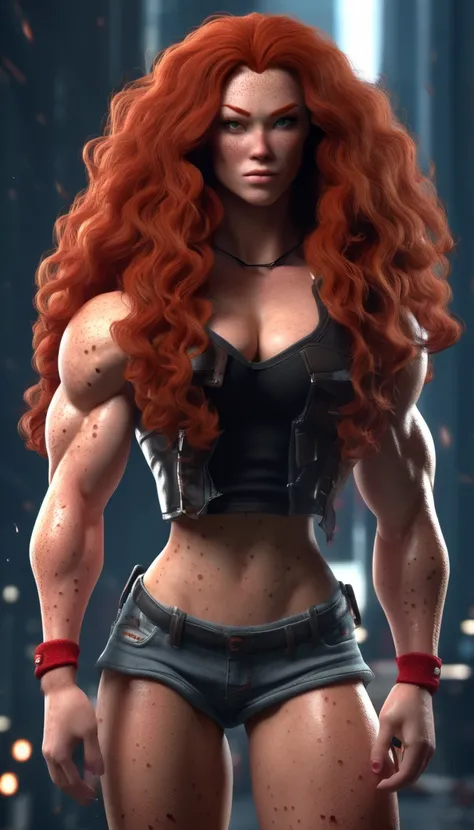 3d, full body, a woman with enormously long muscular thick legs and wide hips, curly red hair and freckles. One leg is as thick as her upper body, ripped, muscle