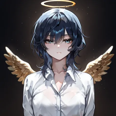 strong white woman with wavy black dark blue hair, has blue eyes and a slightly square shaped face, wearing a opend dress shirt, she has golden Halo and two White little wings behind The Head and back, she is in a night city. hold a Star in front her arms....