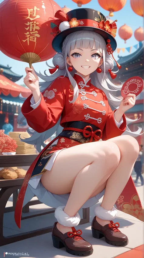 3D art toy depicting a  girl with long ash-gray hair, wearing a red knit hat and a red Hanfu outfit. She has large aquamarine eyes and brown shoes. A fluffy pink long-haired cat with big round gray eyes, dressed in a matching Hanfu, lies on top of her hat....