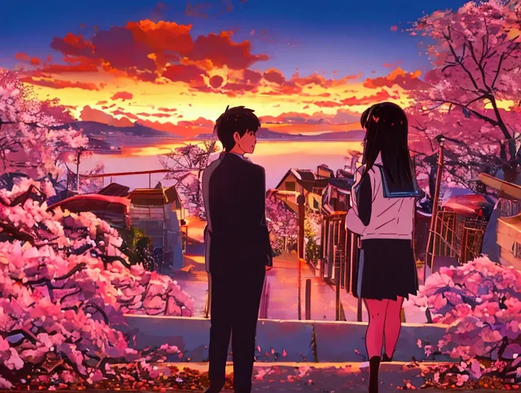 The cute girl and Handsome boy，couple，In a cherry blossom-lined street at sunset, two high school students are talking. Left (Young Protagonist): A slim high school boy with short black hair, wearing a white shirt and a navy blazer. He looks slightly nervo...