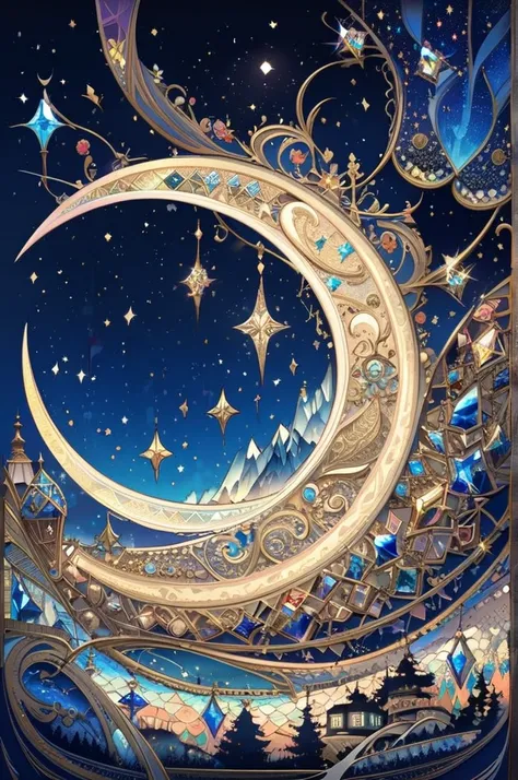 A stunning multi-colored crystal crescent moon with gold trim and encrusted diamonds shining in the night sky, featuring impossible intricate details and a gorgeous starry landscape.