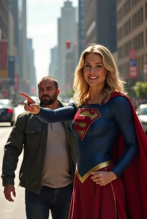 Cinematic Photorealism, Supergirl smiling as she knocks a man out with a flick of her index finger to his chin