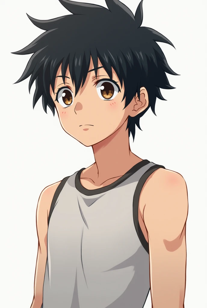 An anime boy, parecido a Ranma saotome, light black,  With dark and very short,  wearing a tank top 