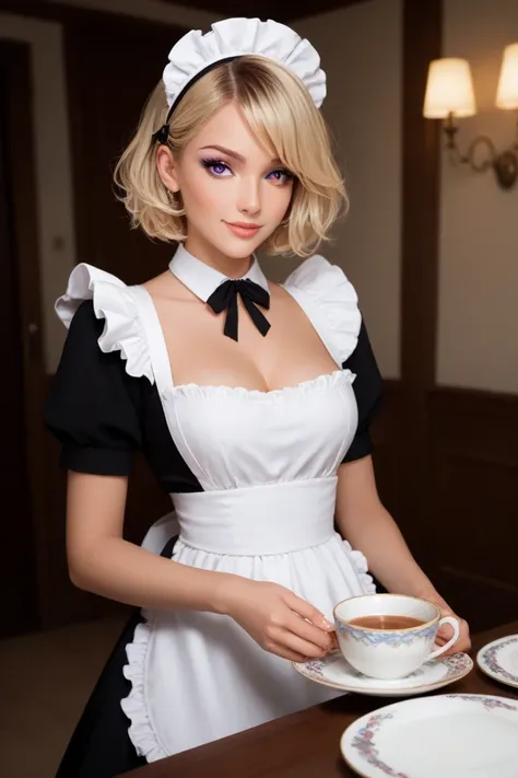 A cinematic medium shot of an anime-style seductive female character with short blonde hair and striking purple eyes. She is elegantly dressed in a black and white striped maid outfit, complete with a low neckline, white frills, and a white apron. Holding ...