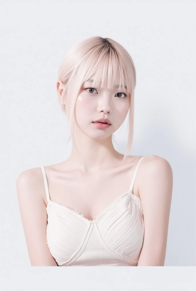 An Asian girl with light blonde hair and blue eyes wearing a white tank top