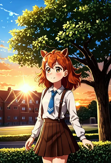 Sally Acorn, 1girl, solo, tree, sky, outdoors, skirt, cloud, brown, hair, sunset, lens, flare, scenery, school, uniform, sun, wind, long, sleeves, animal nose