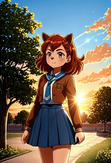 Sally Acorn, 1girl, solo, tree, sky, outdoors, skirt, cloud, brown, hair, sunset, lens, flare, scenery, school, uniform, sun, wind, long, sleeves, animal nose