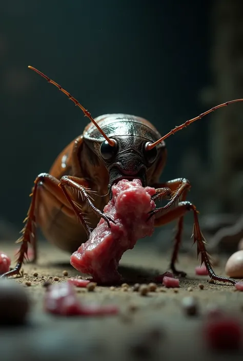 A cockroach with a piece of meat 
