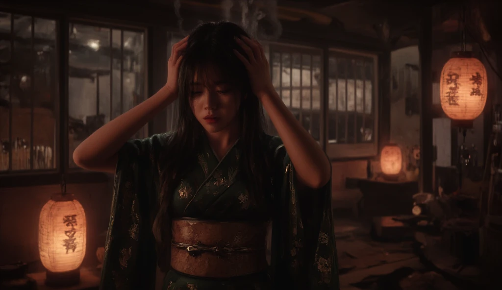  close-up to a Japanese woman of captivating beauty, crying, defending herself with her arms , The arms were over her head trying to ward off an attack on her,  dressed in an elegant kimono, with long black hair, in a traditional Japanese room illuminated ...