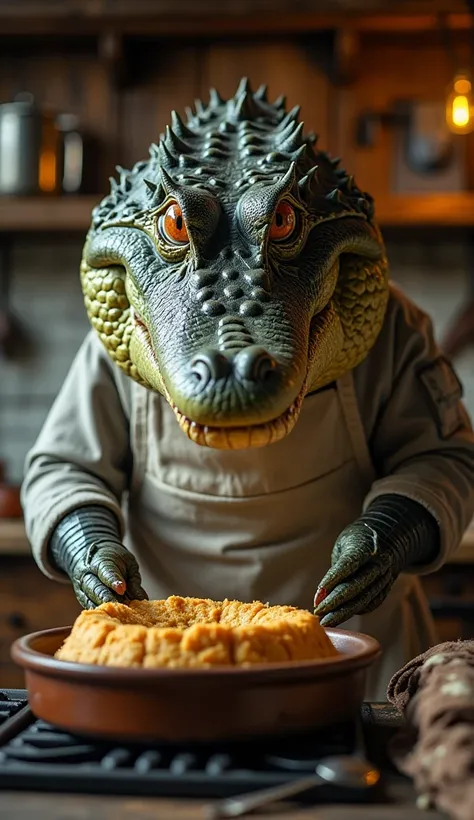 A CLOSE-UP HYPER-REALISTIC Saltwater Crocodile CHEF IN A TRADITIONAL BRITISH KITCHEN WITH WOODEN BEAMS AND AN OLD-FASHIONED STOVE, MAKING THE MOST DELICIOUS YORKSHIRE PUDDING. ITS FOCUSED EYES MONITOR THE RISE OF THE BATTER –AR 9:16.