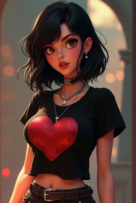 ((( masterpiece, Pixar ))), beautiful 25 year old woman , ((( big breasts))),  black hair, woman in rock style , black GirlsAndArt t-shirt with heart print.