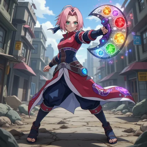 Realistic, Masterpiece, High Quality, High Resolution, High Definition, 8k, (((Cowboy Shot, Front View, Fighting Stance Pose))), Wasteland, City, Day, (((1Girl, short hair, pink hair, green eyes))), (((Naruto Anime Style))), (((Super Powers))). Sakura Haru...