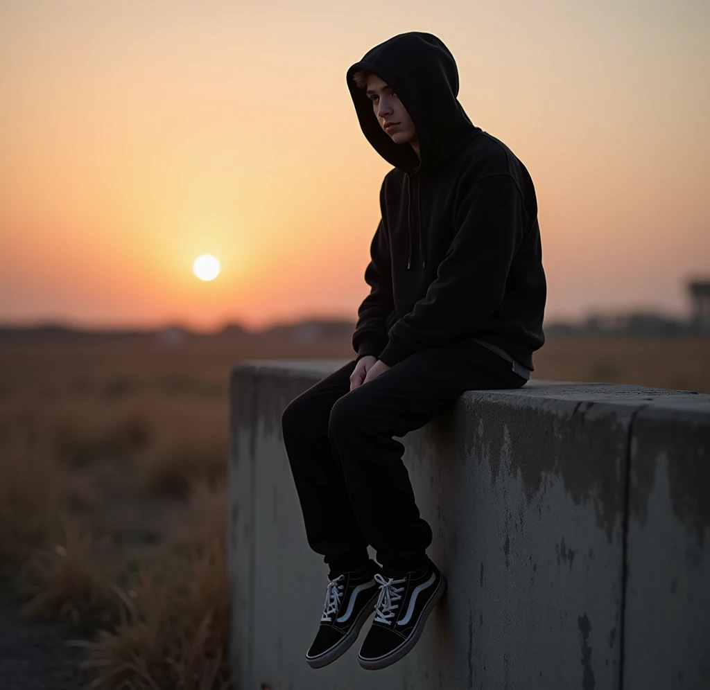 "Create an image of a slightly older age boy in full black pants and a hood sitting on the edge of ancroncrete wall building an empty field at sunset. Make sure his face and hair are not visible and that he's wearing full black vans shoes no white 