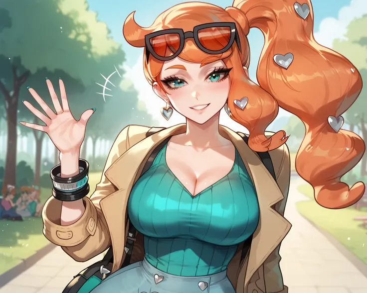 Pokemonsonia, aqua eyes, heart, heart-shaped hair ornament, long hair, orange hair, right side ponytail, swept bangs, aqua nails, black glasses on her head, tortoiseshell framed glasses, has a blue skirt, has a white blouse with a low neckline, blue bracel...