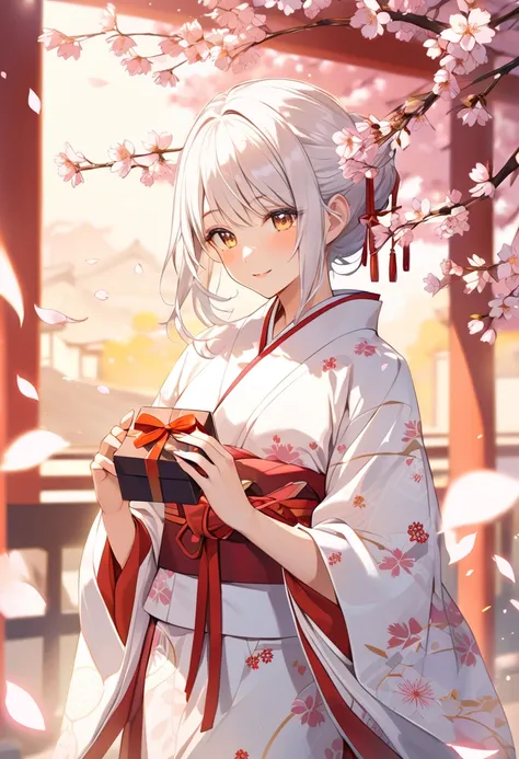 An avatar of a graceful woman in a traditional kimono with cherry blossom patterns, holding a wrapped box of chocolates in furoshiki cloth. The background features falling sakura petals and a warm, golden glow.