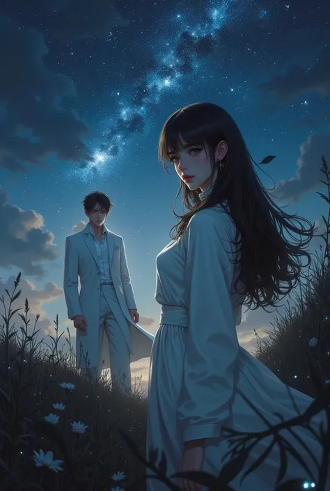 "A romantic, mysterious book cover for a novel  The scene features a woman black hair,brown eyes, มีผมหน้าม้า, standing in a serene, dark field under a starry sky, reaching out towards a distant galaxy, her expression calm and connected to the universe. A ...