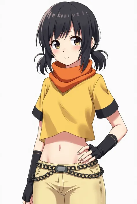 a girl, white skin, Black hair with bangs , two low pigtails , black eyes, yellow t-shirt with short sleeves and black edges, bare navel, orange neck scarf,black sleeveless gloves, light yellow pants with belt,chains at the waist, anime-style image