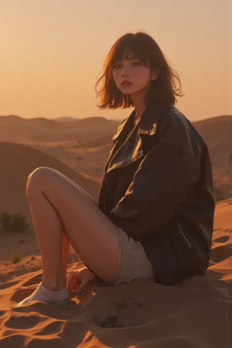 8k, top-quality, （pubic hair beauty）、hight resolution, lifelike, realperson, cinematic lighting soft lighting、A musician wearing a leather jacket is sitting and glaring at me.、a beauty girl、huge tit、beauty legs、guitar, sitting on a huge dessert dune valley...