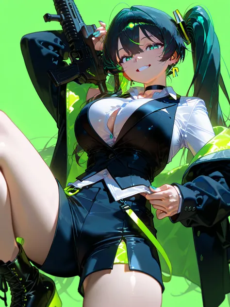 masterpiece、最 high quality、 high quality、 is very aesthetic、 absurd、up to date、 1 girl、 dark hair、 long hair、 Hatsune Miku clothes、  shirt, Tuxedo , earrings,   jacket   , 色ed    shirt, Aqua Nail,  black choker ,Black Cyber Boots、 very large breasts in the...