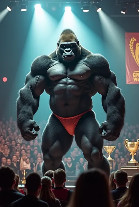  Here's a prompt to create the image of a Giant gorilla at a championship of bodybuilding:

" An impressive giant gorilla performing at a bodybuilding championship .  The stage is illuminated with bright spotlights and the audience is filled with amazed sp...