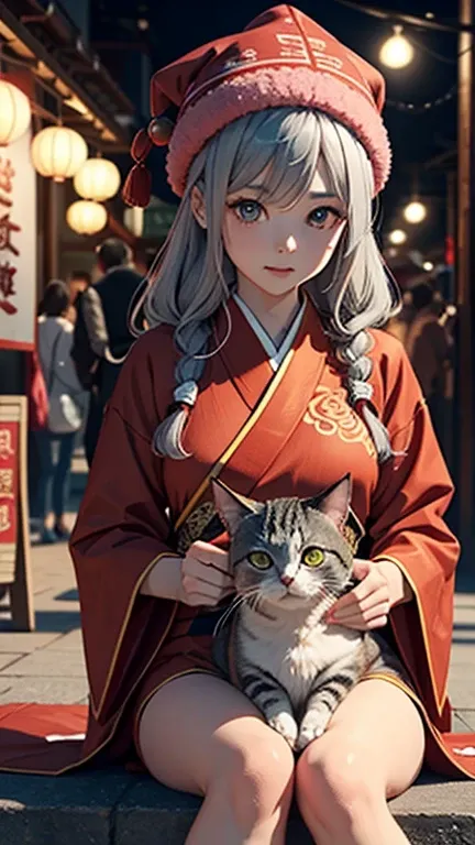 3D art toy depicting a  girl with long ash-gray hair, wearing a red knit hat and a red Hanfu outfit. She has large aquamarine eyes and brown shoes. A fluffy pink long-haired cat with big round gray eyes, dressed in a matching Hanfu, lies on top of her hat....