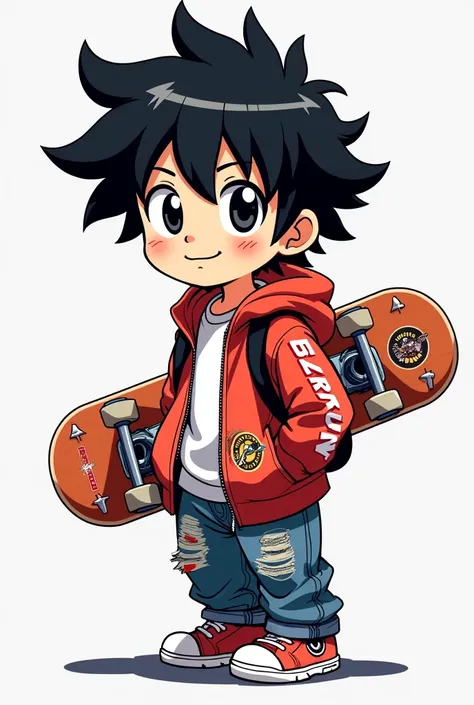 masterpiece, anime style, illustrated logo, medium short shot, for twich, sk8 active clothing style, boy, a skateboard on the back, chibi, black hair