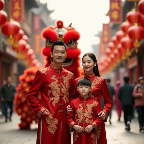 real pictures a scene of a Chinese New Year celebration in an urban street setting. Include a man and a woman and a boy 3yo in traditional Chinese attire standing in the foreground, both wearing elegant red outfits embroidered with golden dragon patterns. ...